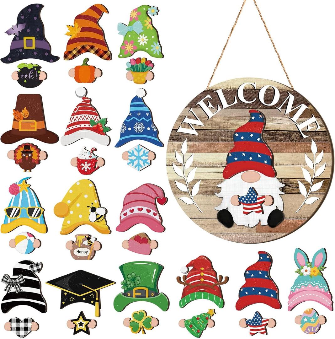 Qunclay Interchangeable Wooden Gnome Decor Holiday Seasonal Gnome Decorations with Magnet Pieces and Detachable Hats Changeable Welcome Sign for Home (Farmouse)