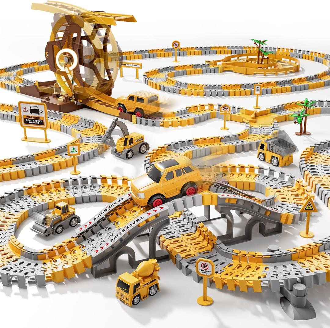iHaHa 299 PCS Construction Race Tracks Boys Toys, 6 PCS Engineering Cars and Flexible Race Track Playset Create A Engineering Road Gifts Toys for 3 4 5 6 Year Old Boys Kids