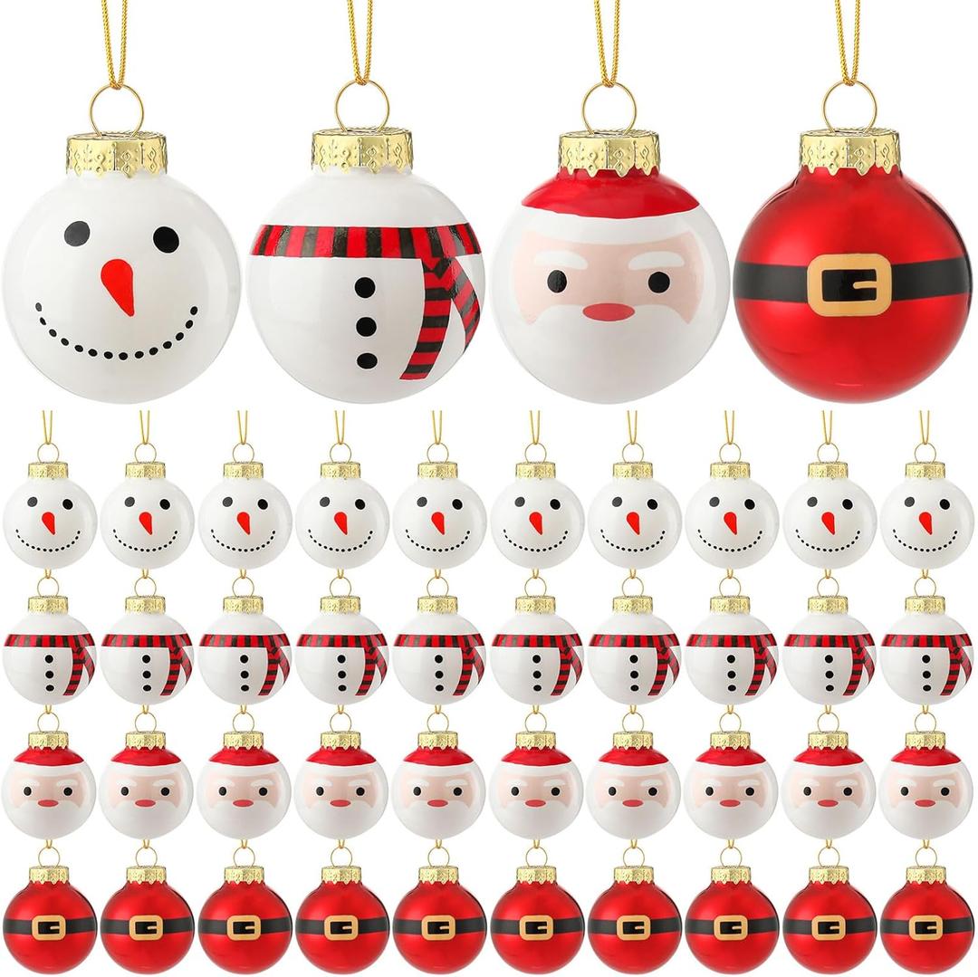 Liliful 40 Pcs Christmas Glass Santa and Buckle Ball, 25 mm Red and White Christmas Ball Ornaments Delicate Painting Christmas Tree Pendants Vintage Tree Hanging Ornaments Baubles for Xmas Decoration