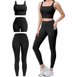 3 Piece Workout Sets for Women High Waisted Leggings with Pockets Tummy Control Biker Shorts Yoga Sports Bra (Large, Black)