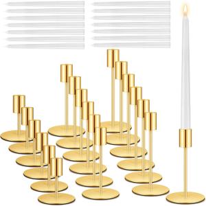 Suclain 6 Set Candle Holders Bulk with 10'' White Dripless Taper Candles 3.3'' 5.5'' 6.3'' Metal Candlestick Holders Vintage Modern Decorative Table Centerpiece for Wedding Birthday Home Decor (Gold)