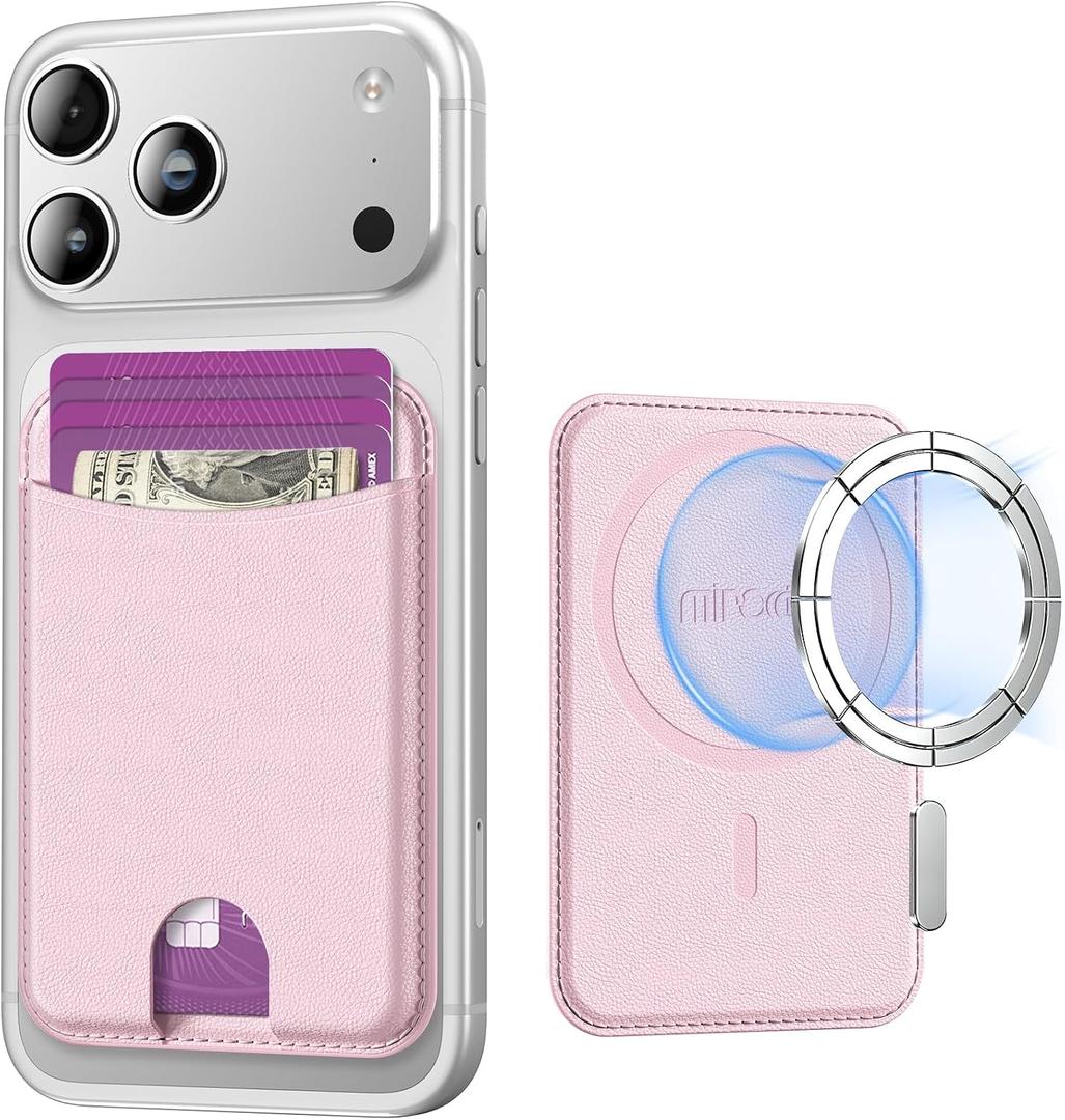 Miroddi for Magsafe Wallet, Magnetic Card Holder for iPhone 17/16/15/14/13/12 Series, Leather Magnet Phone Wallet Fit 4 Cards 3 Cash, Ultra-Thin, RFID Blocking, Light Pink