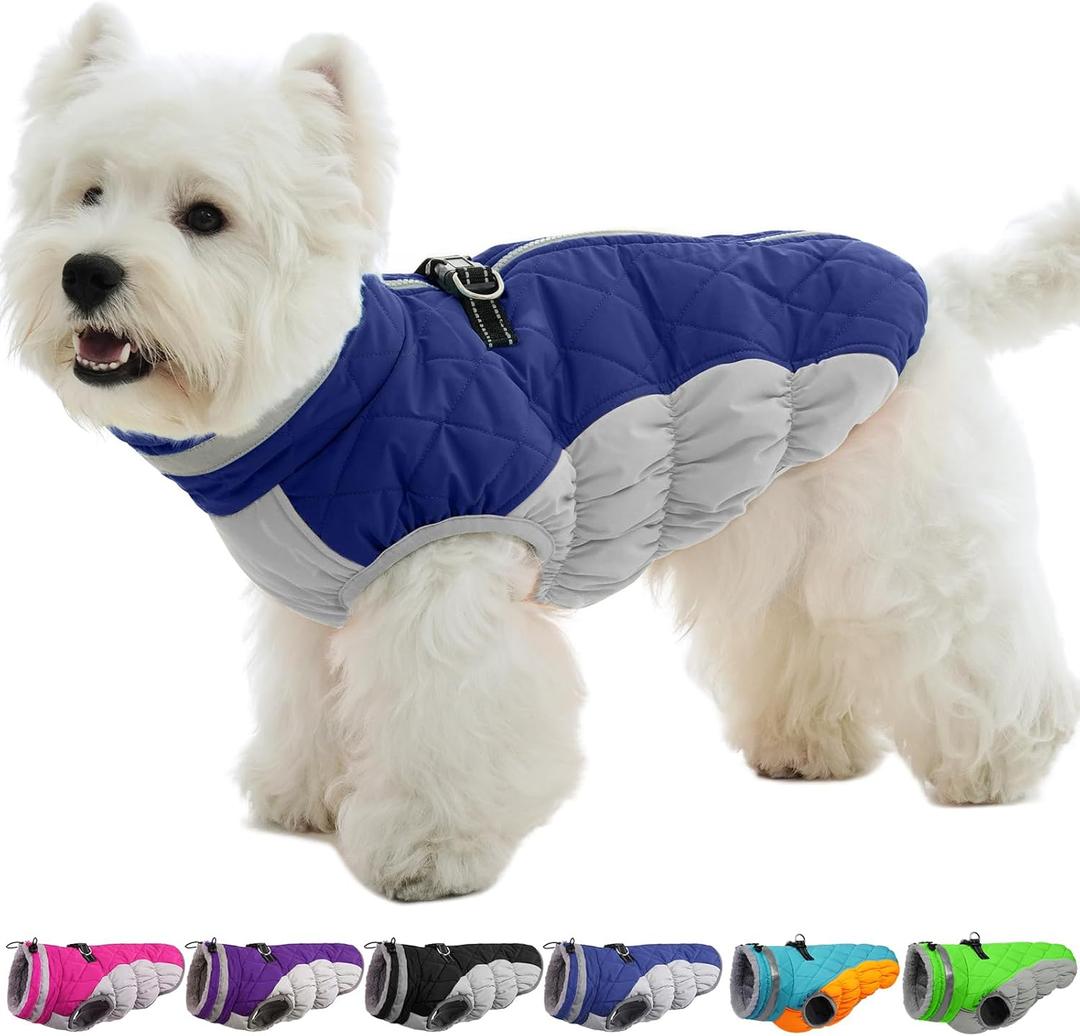 OUOBOB Small Dog Coat, Dog Jackets for Small Dogs, Warm Winter Jacket, Puppy Coat with Harness Built in, Waterproof Dogs Jacket, Puppy Cold Weather Coats, Pet Winter Clothes Snowsuit Shih Tzu Bichon, Blue