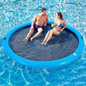 10FT Round Inflatable Floating Dock, Sunchill Float Ring, Water Hammock Tanning Pool Floats with Woven Fabric, Manual Pump for Quick Inflate/Deflate, Fits 2-8, Ideal for Lakes, Oceans, 10FT