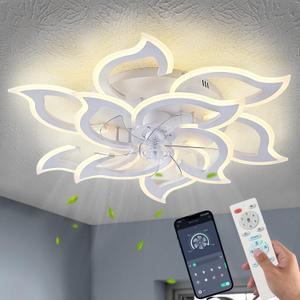 38" White Geometric Ceiling Fan with Light Remote Control, 3 Light Color 6 Speeds LED Flower Flush Mount Low Profile Ceiling Fan for Living Room