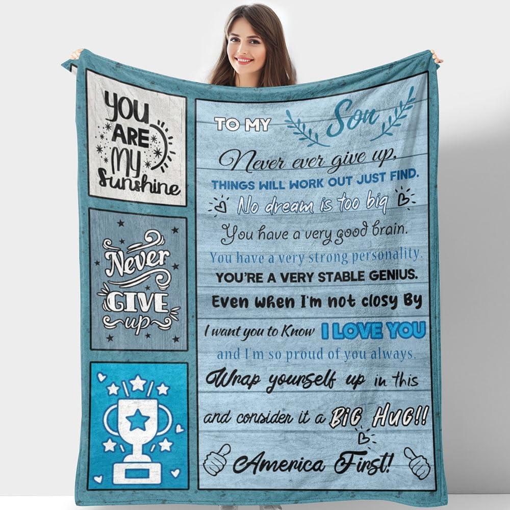 Son Gifts from Mom Flannel Throw Blanket Inspirational Never Give Up Trophy Blanket Birthday Graduation Mothers Day Gift Super Soft Fuzzy Cozy Blanket for Couch Sofa Bed 50"x60"