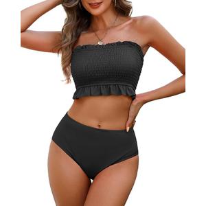 Tempt Me Women Bandeau High Waisted Bikini Sets Smocked Swimsuit Strapless Two Piece Bathing Suit, Small