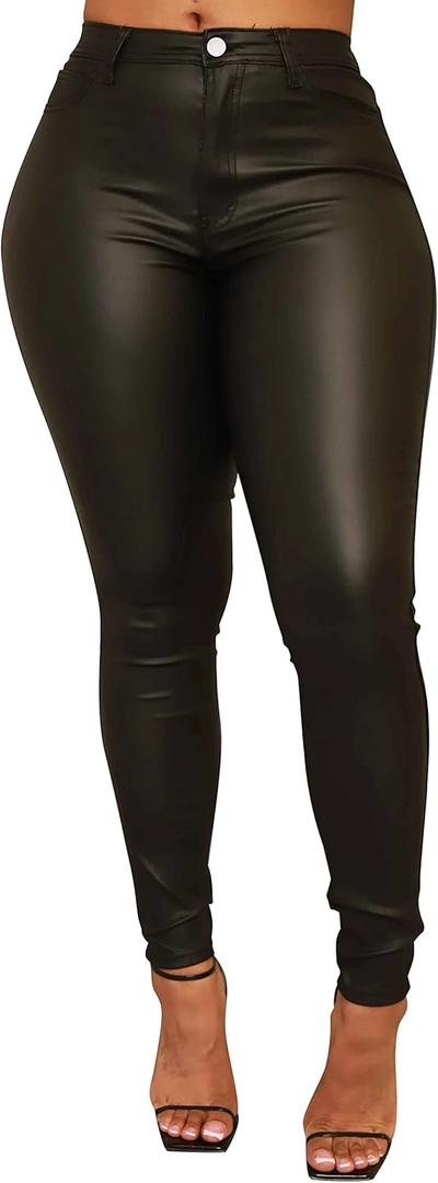 Zebaexf Faux Leather Leggings for Women, Black High Waisted Stretch Leather Pants (Medium, Matte-black)