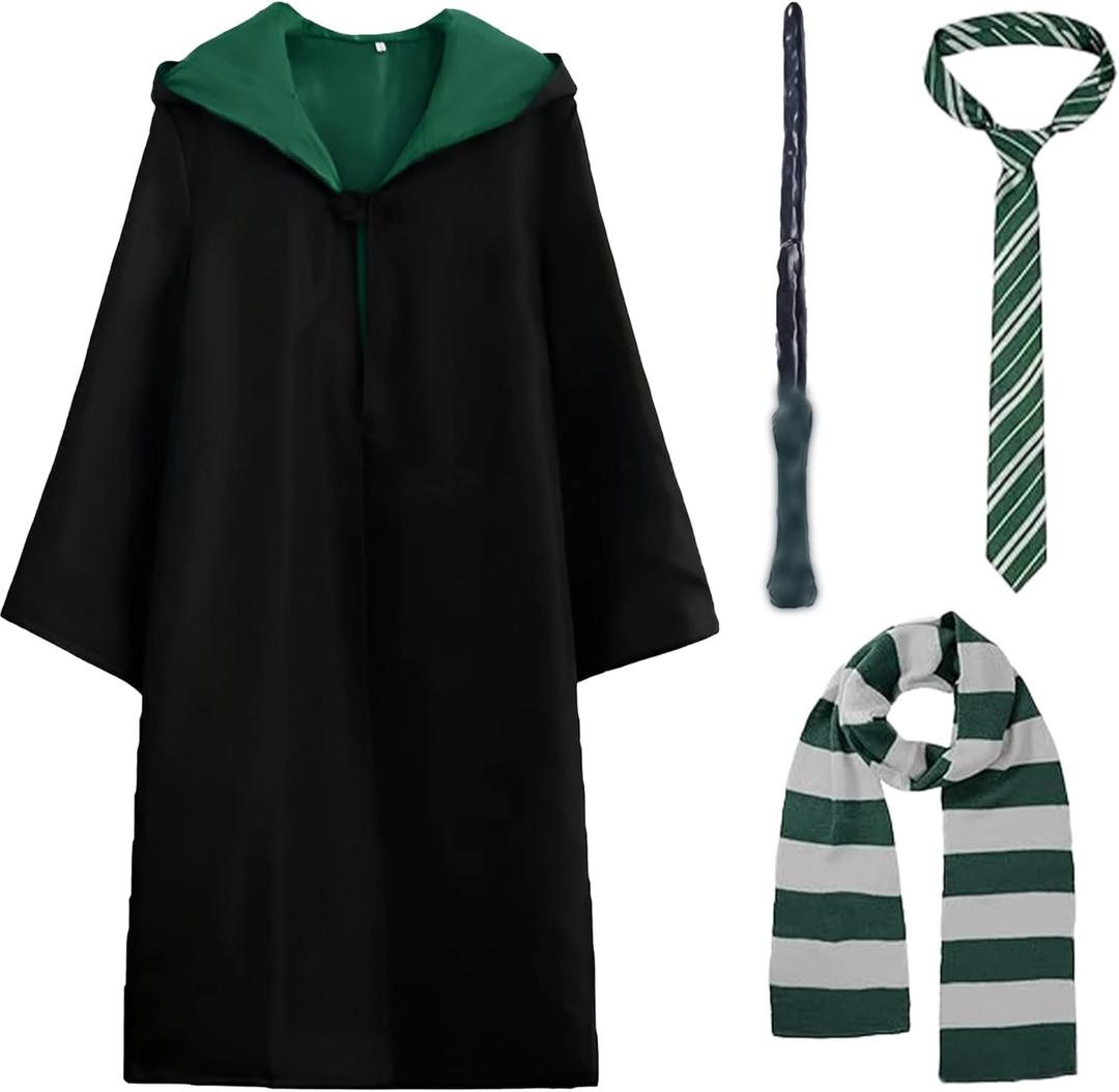 Wizard Costume Cosplay Set, Wizard Cloak Robe for Adults Teens, Wizarding Halloween Costume Accessories for Party (Medium, Green)
