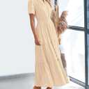 BTFBM Womens Summer 2026 Casual Midi Maxi Dresses Lightweight Short Sleeve V Neck Elastic Waist Boho Beach Dress Pockets (Apricot, Medium)