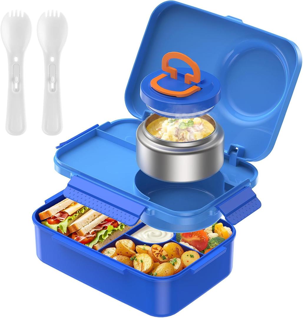 DaCool Lunch Box for Kids with 5oz Soup Food Thermo for Hot Food Kids Bento Box 1500ml Leakproof Lunch Box for kids Teens Boys Lunchbox with Fork Spoon for Dining Out Work School, Blue