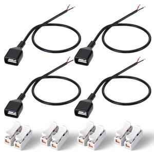 4 Pcs USB Pigtail, 20AWG USB Female with 2-Position Spring Wire Connector 12V 3A 2.0 Female Plug to Bare Wire Open End Cable 2 Pin Charging Cable DIY Power Cables for Replacement