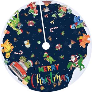 Prehistoric Animal Tree Skirt, 48-Inch Adorable Dino Tree Mat, Mesozoic Christmas Embellishments for Xmas Holidays Birthday Parties Baby Welcome Winter Event Supplies