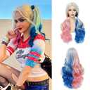 Pink and Blue Wig Cosplay Wigs for Women Long Curly Middle Part 26 Inch Heat Resistant Synthetic Wig for Halloween Costume Party Use