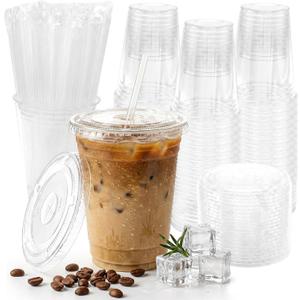 16 oz Clear Plastic Cups with Lids and Straws 100 Pack Iced Coffee Cups with Lids for Smoothie Iced Coffee Disposable Coffee and TO-GO Cups for Cold Drinks, Milkshake, Bubble Tea