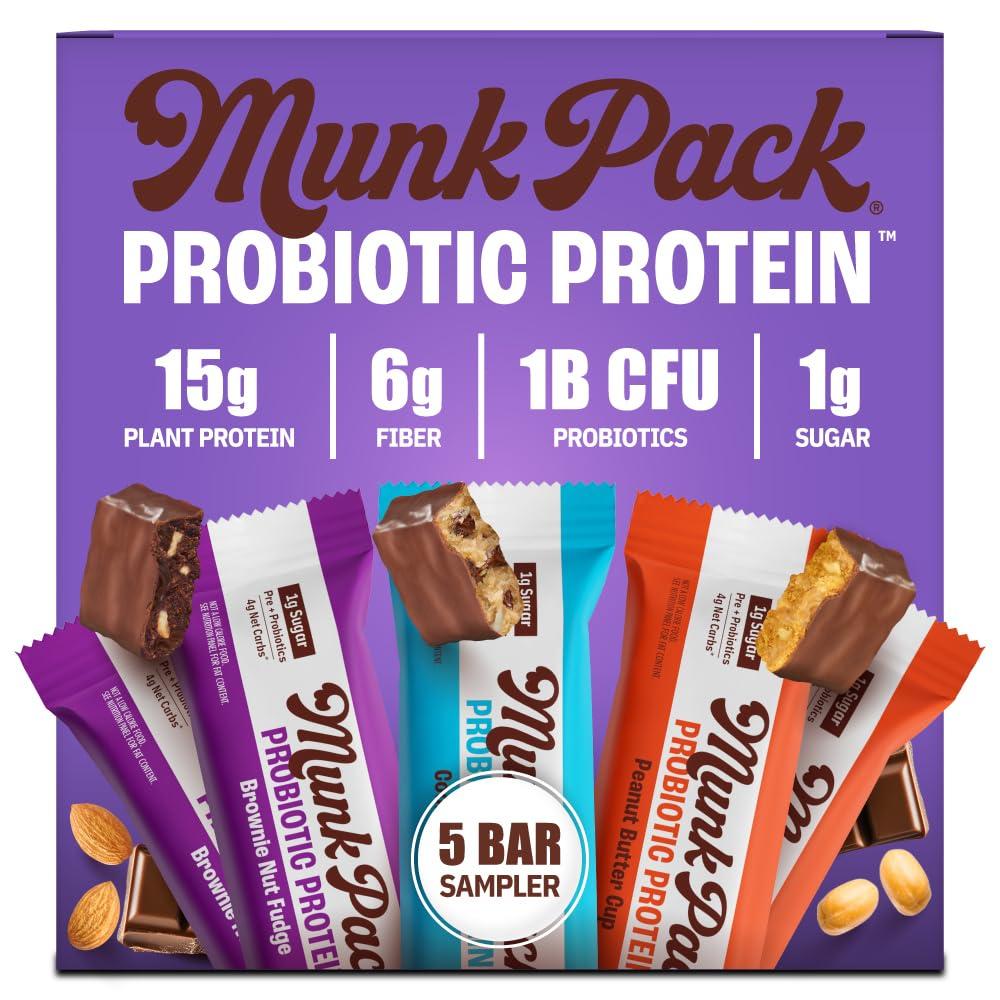 Munk Pack Sampler Pack Probiotic Protein Bars | Keto-Friendly 15g Plant Protein, 1g Sugar, 4g Net Carbs - Vegan, Low Carb, Gluten-Free Healthy Snacks | 5 Count, Best By JUN 30/2026
