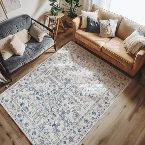 jinchan Lima Machine Washable Area Rugs 4x6 - Vintage Floral Stain Resistant Low Pile Ultra-Thin Non Slip Accent Rug for Bedroom Living Room Kitchen Dining Room Entryway (4x6ft, Blue)