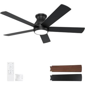 52 Inch Black Ceiling Fans with Lights and Remote, LED Low Profile Flush Mount Ceiling Fan for Bedroom, Living Room, with Quiet DC Motor, Dimmable 6 Speeds