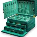 Genuine Leather Jewelry Box 3 Layer Large Jewelry Organizer with Mirror, Lockable Jewelry Box for Women Necklace, Ring, Earring Organizer with Drawer - Mothers Day Gifts for Mom(Green)
