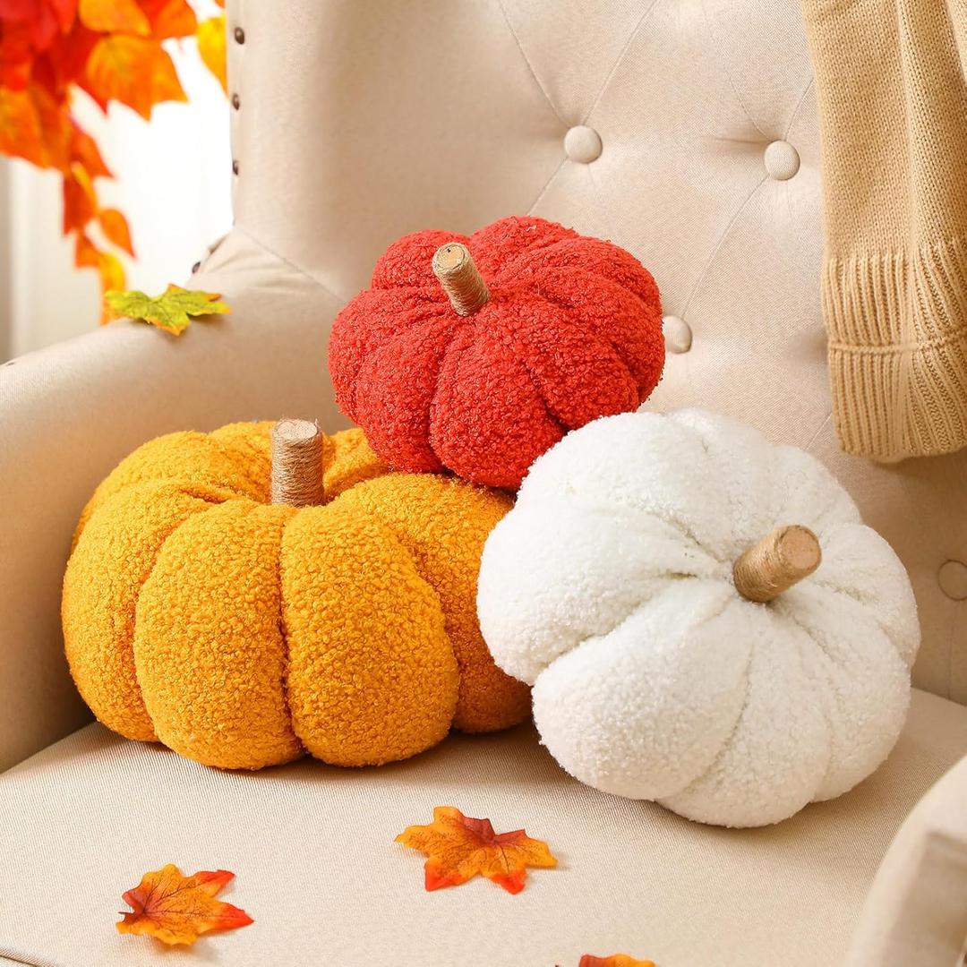 3 Pcs Thanksgiving Fall Pumpkin Pillow Plush Halloween Pumpkin Throw Pillow 3D Sherpa Decoration Stuffed Fall Decorative Pillows Cushion for Bedroom Couch Sofa Car (Classic Color)