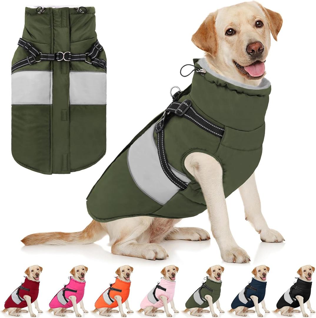 AOFITEE Dog Coat Warm Dog Winter Coat, Waterproof Dogs Jacket with Harness, Dogs Snow Jacket Snowsuit with Zipper & Furry Collar, Reflective Windproof Pet Sweater for Cold Weather, French Bulldog, L (Army Green)