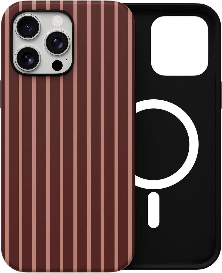 Skyseaco for iPhone 16 Pro Case with Magsafe Cute Striped Phone Case, Shockproof Slim Soft TPU and Hard PC Double Layer Protective Cover for Women, Burgundy