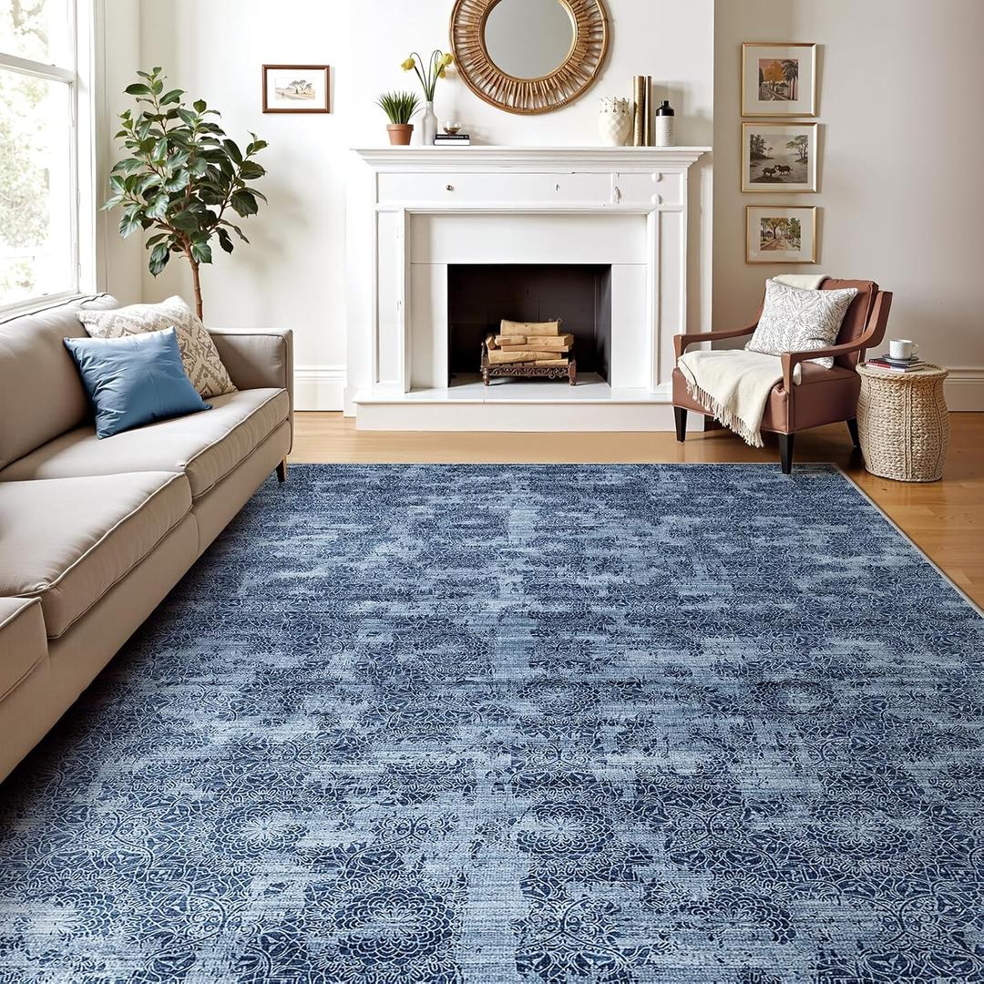 WITSHOCK 8x10 Area Rugs for Living Room: Machine Washable Non Slip Modern Abstract Carpet - Low Pile Print Rug for Bedroom Dining Room - Stain Resistant for Household - Pet Owners (Blue White)