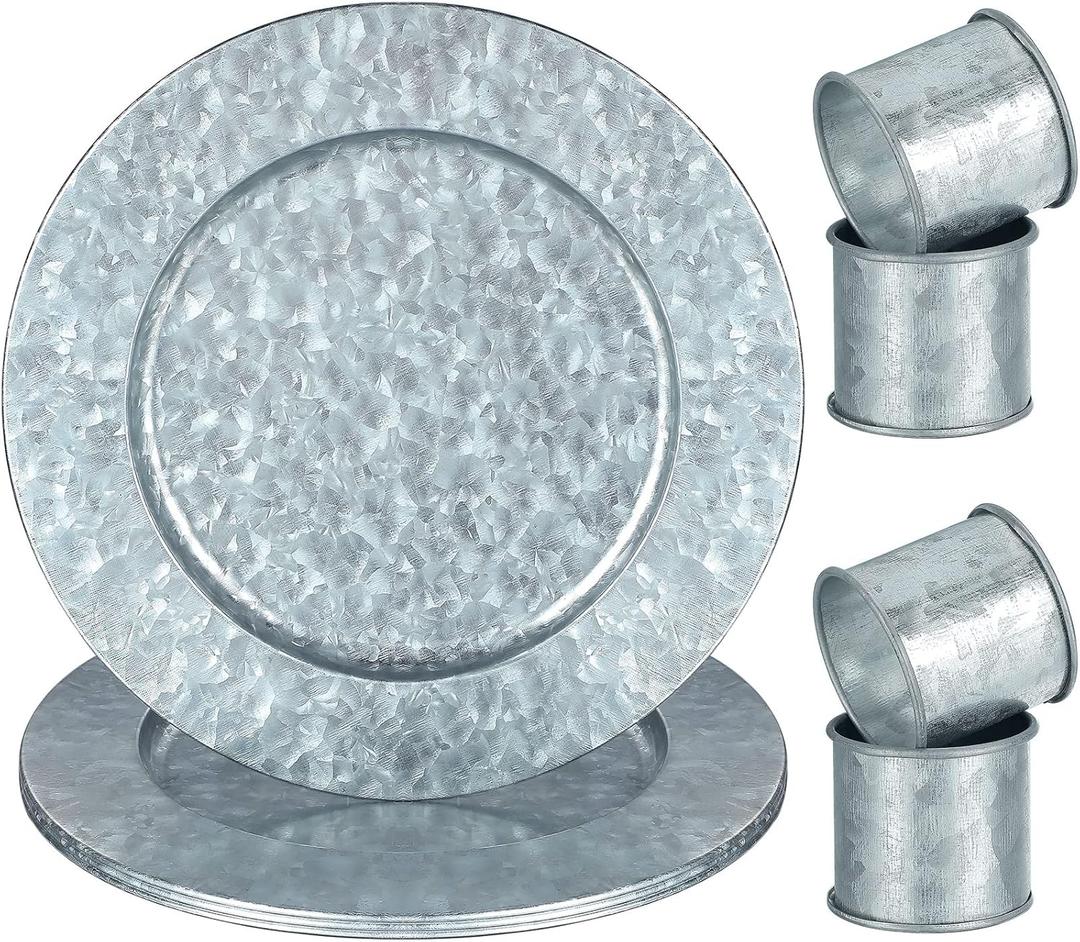 Charger Plates 13 Inches Chargers for Dinner Rustic Galvanized Charger Plates Napkin Ring Farmhouse Napkin Modern Rings for Dinning Table Decor, Simple, Silver(4 Sets)