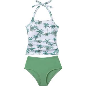 YOURUIKEY Girls Tankini Swimsuit 2 Piece Halterneck Bathing Suit Adjustable Straps and Removable Bra for Girls and Teen 7-16Y