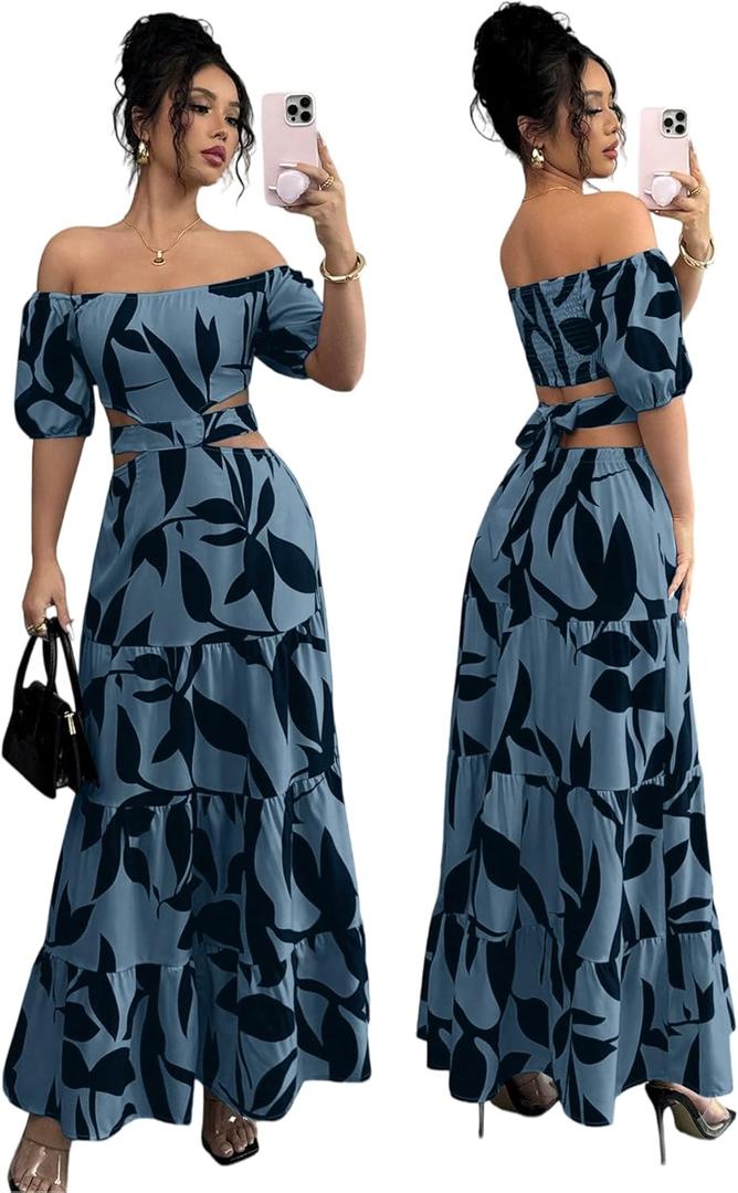 Women's Boho Off The Shoulder Short Sleeve Maxi Dresses Casual Summer Tiered Ruffle Swing Cut Out Flowy Dress, Size L