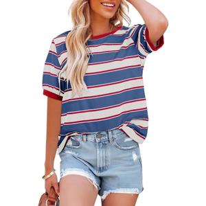 Dokotoo Womens Summer Tops 2026 Striped Color Block Short Sleeve Fashion T-Shirts Crewneck Casual Loose Basic Tee Blouses (Blue, L)