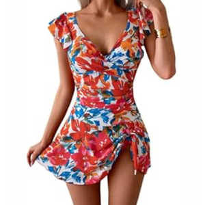 Aidonger One Piece Swimdress Tummy Control Ruffle Swimsuit for Women Tie Knot Swim Dresses V Neck Bathing Suit Skirt (XSmall, Floral)