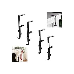 icegglof Fireplace Stocking and Garland Hanger, 4Pack Metal Mantle Hooks, Christmas 2in1 Adjustable NoDrill Decoration Stand, Black