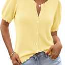 Saodimallsu Women's Puff Short Sleeve Cardigans Lightweight Button Down Shirts Crew Neck Casual Knit Sweater Tops (Medium, Yellow)
