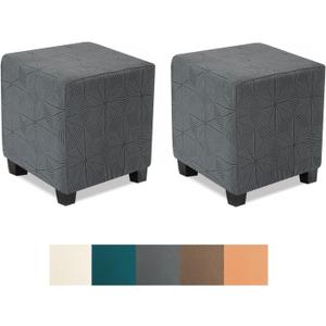 NeColorLife Small Ottoman Covers for Square Stools, Stretch Jacquard Soft Knitted Slipcovers for Storage Ottomans or Footrests, Grey, Set of 2