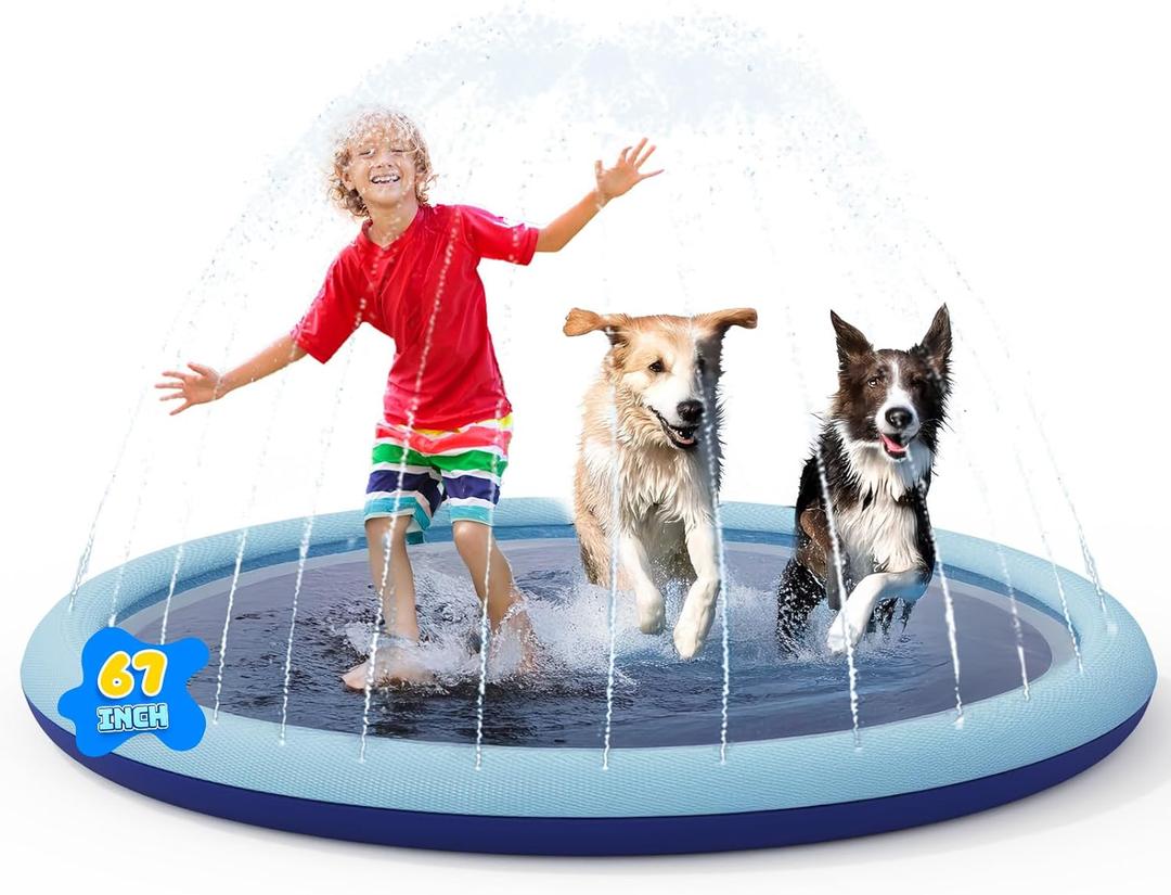 COMMOUDS Splash Pad for Kids and Dogs, Non-Slip Sprinkler Pad Thicken Pool Summer Outdoor Water Toys, Backyard Fountain Play Mat for Baby Toddlers Boys Girls Pet(67Inch) (Blue)