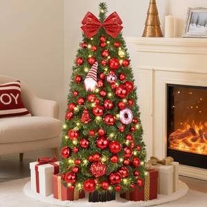 MARTINE MALL 3FT Small Christmas Tree with Light, Artificial Mini Christmas Tree with Hanging Ornaments Cute Tabletop Xmas Trees for Home Small Space Holiday Decor (Green and Red)