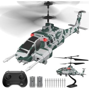 LM19-F Army Apache RC Helicopter with 10 Missiles, 2.4GHz Remote Control Helicopter, Military Helicopter for Beginners and Adults, LED Lights, Altitude Hold, One-Key Take Off, Indoor Friendly (Green)