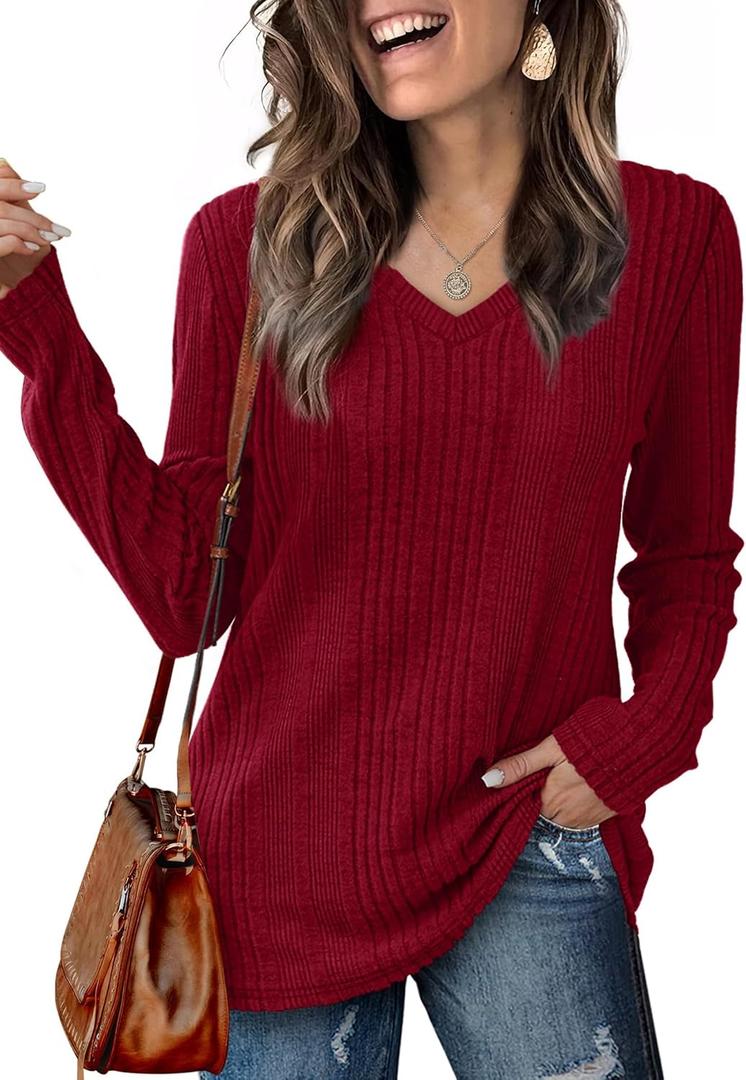 Lafural V Neck Long Sleeve Shirts for Women Casual Fall Tops Lightweight Tunic Sweaters Fashion Clothes 2024 (Small, Burgundy)