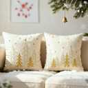 DN DECONATION Christmas Pillow Covers, Cream White Gold Xmas Tree Pillow Cases 18x18 Set of 2 - Embroidered Flannel Throw Pillow Covers for Couch Office Bedroom Christmas Winter Home Decor