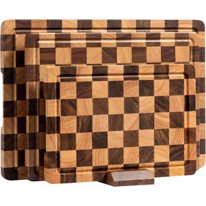 Cutting Board Set, Acacia Wood Checkered Cutting Boards for Kitchen, 3 pcs Chopping Board with Juice Grooves & Handles, Butcher Block Serving Tray for Meat, Vegetables and Fruits with Gift Box