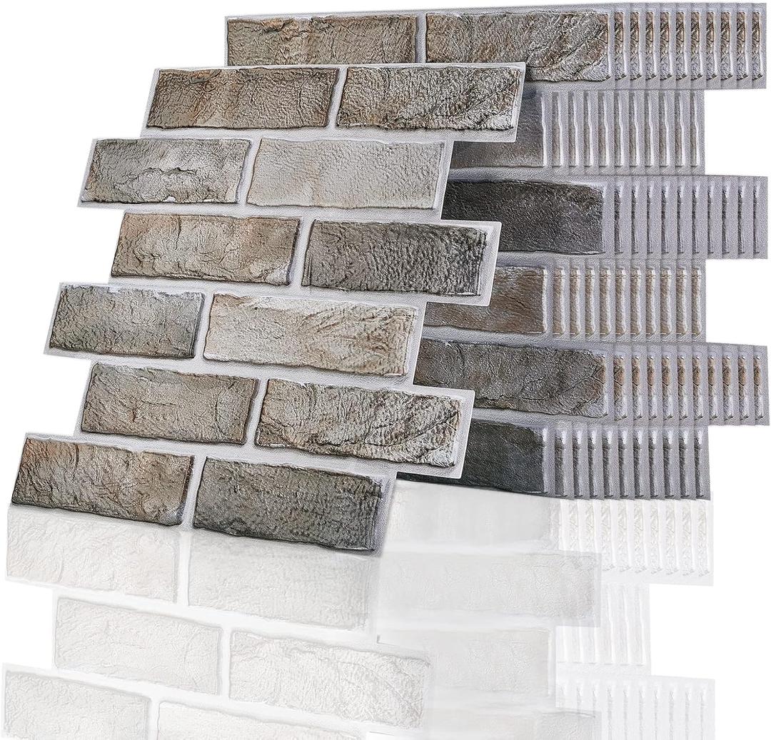 PH PandaHall 10 sq.ft Brick Wallpaper Tiles, 12 Sheets Peel and Stick Backsplash Self Adhesive Vintage Tiles Subway Tile Removable Wall Panels for Kitchen Bathroom Living Room Decor 11.7x11.7 Inch (Gray)