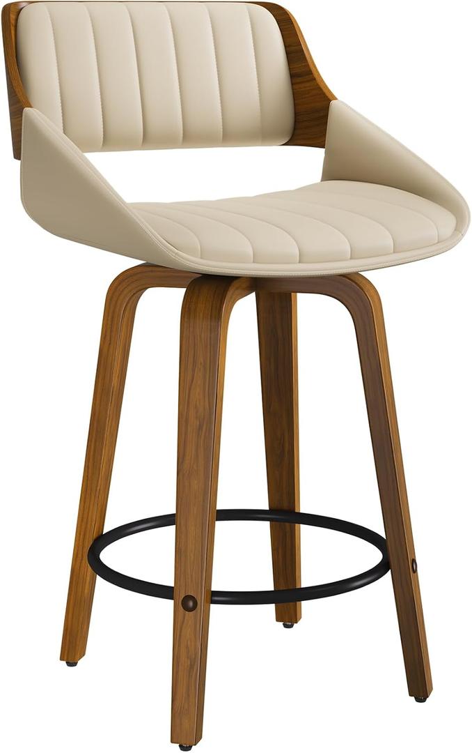 Bar Stools Set of 1, 26" Swivel Counter Height Barstools with Walnut Bentwood Back and Legs, Mid-Century Modern Faux Leather Upholstered Cream Bar Chairs for Kitchen Island, Caf, Dining Room, Beige