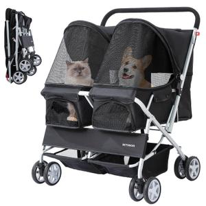 Double Pet Stroller for 2 Small Dogs & Cats, Side-by-Side Twin Travel Carriage with Safety Leashes, Mesh Windows & Double Storage Baskets, Lightweight & Foldable, 44lbs Capacity, Black