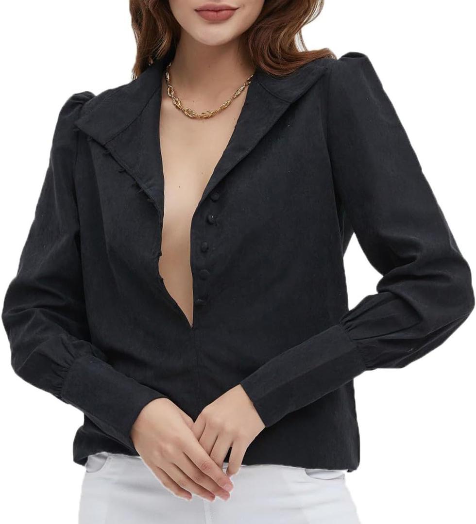 Women Blouse Long Sleeve Button Down, Puffy Collar Tops, Dressy Casual for Work Business Shirts (Size S)