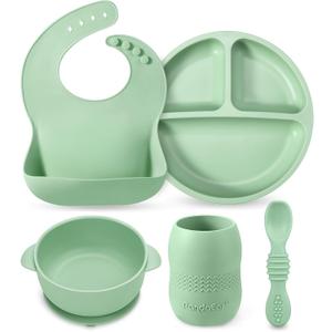 PandaEar Silicone Baby Feeding Set - 6-12 Months | LED Weaning Supplies - Bib + Plate with Suction + Cup + Bowls and Spoon (Green)