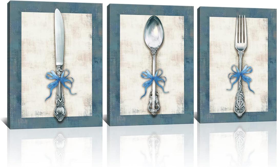 Derkymo 3 Pieces Kitchen Picture Wall Decor Retro Tableware Canvas Wall Art Elegant Cutlery Painting Prints for Dining Room Framed Ready to Hang 12"X16"x3pcs