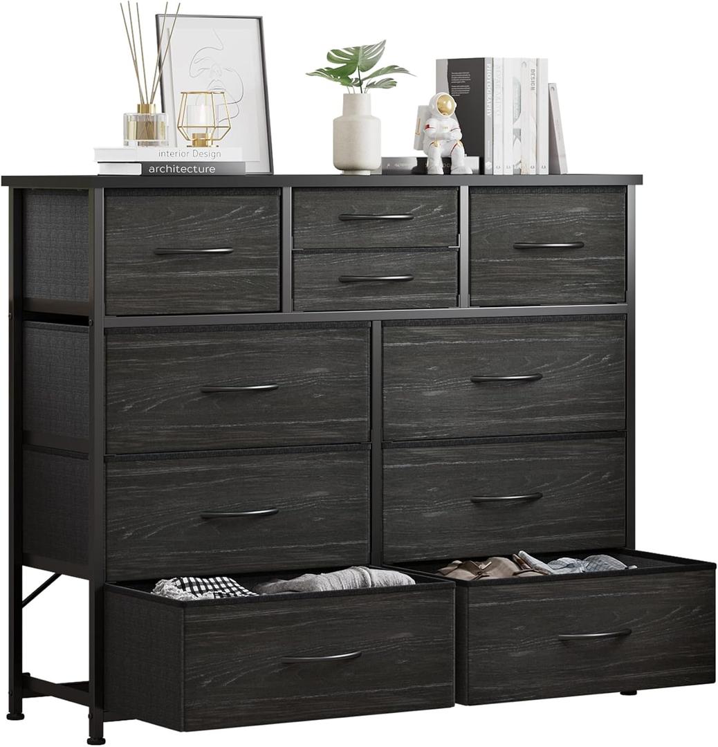 LUMTOK 10-Drawer Dresser, Fabric Dressers Drawers for Bedroom, Hallway, Nursery, Closets, Steel Frame, Wood Top, Easy Pull Handle (Black Wood Veins)