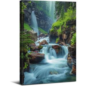 Waterfall Canvas Wall Art Nature Forest Pictures Zen Wall Decor Bathroom Decor Virginia Falls Landscape Poster Prints Tropical Mountain Scenery Painting Artwork Spa Living Room Home Decorations 12x16 (ZRPB06)