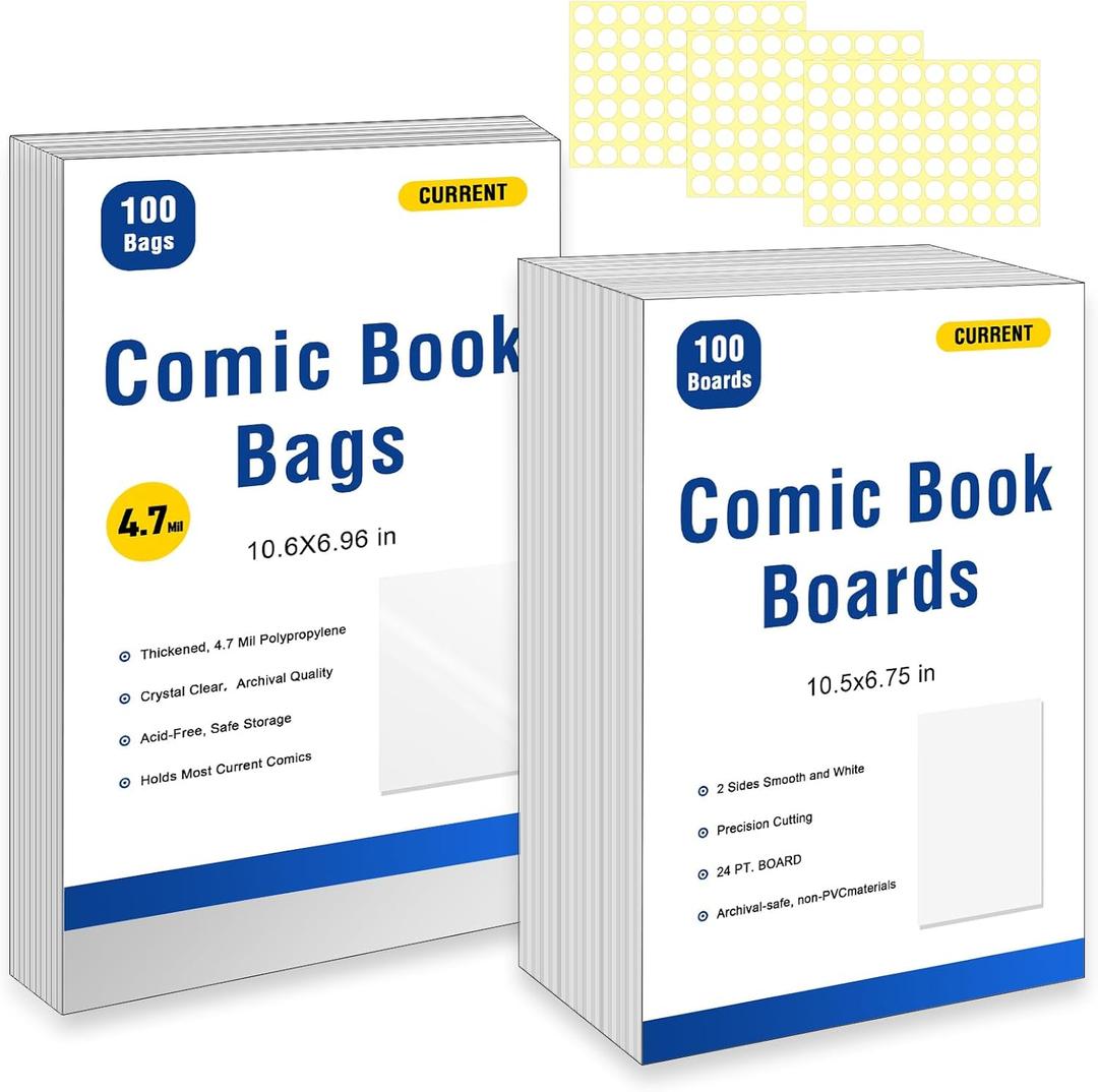 100ct Current Comic Book Bags and Boards-Reusable Boards,Bags 4.7 Mil Acid-Free Crystal Clear100 Comic Book Sleeves and 100 Thick Comic Book BoardsArchival QualityApplicable to Most Comic Books